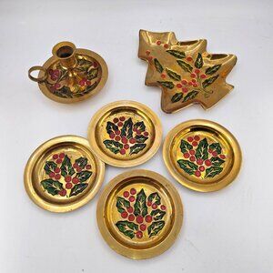Brass Christmas Decor 6 pcs Set India Enamel Coasters Tree Dish Candle Holder